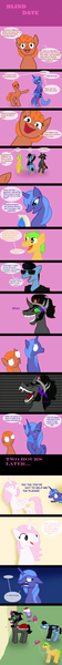 Size: 750x8000 | Tagged: safe, artist:draconicruin, derpibooru import, king sombra, princess celestia, princess luna, oc, pony, bipedal, blind date, blushing, bow, chains, cilla black, collar, comic, cute, eyes closed, female, filly, floppy ears, frown, glare, happy, heart, hoof hold, laughing, leash, levitation, lidded eyes, lumbra, magic, male, open mouth, pink-mane celestia, pointing, s1 luna, sad, shipping, sitting, slave, smiling, smirk, straight, telekinesis, thought bubble, wide eyes, younger