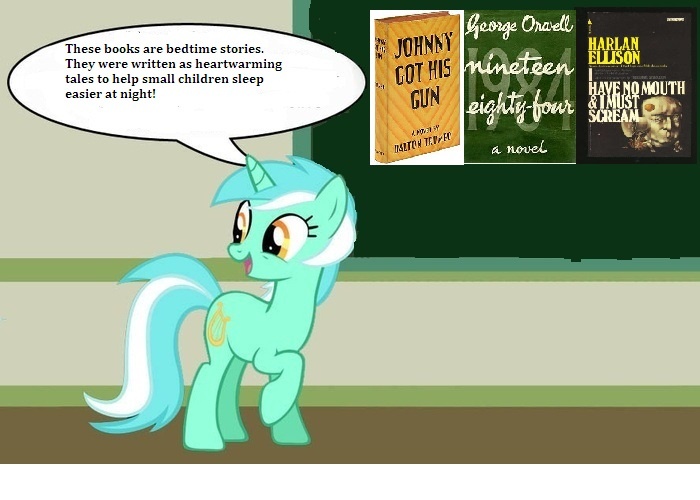 Size: 700x500 | Tagged: 1984, bedtime story, chalkboard, derpibooru import, human studies101 with lyra, i have no mouth and i must scream, johnny got his gun, lyra heartstrings, meme, safe, solo