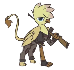 Size: 900x848 | Tagged: safe, artist:inlucidreverie, derpibooru import, oc, oc:golden plume, unofficial characters only, gryphon, fallout equestria, clothes, fingerless gloves, gloves, gun, simple background, solo, transparent background