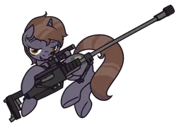 Size: 900x638 | Tagged: safe, artist:inlucidreverie, derpibooru import, oc, oc:littlepip, unofficial characters only, pony, unicorn, fallout equestria, fanfic, bedroom eyes, clothes, fanfic art, female, freckles, gun, hooves, horn, mare, optical sight, pipbuck, rifle, simple background, smiling, sniper rifle, solo, teeth, transparent background, vault suit, weapon