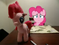 Size: 4896x3672 | Tagged: safe, artist:emedina13, derpibooru import, pinkie pie, earth pony, pony, chair, female, irl, mare, pen, photo, plushie, ponies in real life, ring, self plushidox, self ponidox, table, vector