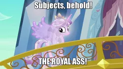 Size: 1280x720 | Tagged: balcony, caption, crystallized, derpibooru import, edit, edited screencap, image macro, out of context, plot, princess cadance, safe, screencap, solo, text, the crystal empire