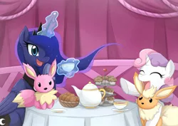 Size: 1400x990 | Tagged: safe, artist:jinzhan, derpibooru import, princess luna, sweetie belle, alicorn, eevee, flareon, pony, unicorn, cookie, cupcake, cute, drink, happy, magic, plate, pokémon, smiling, tea, tea party, telekinesis