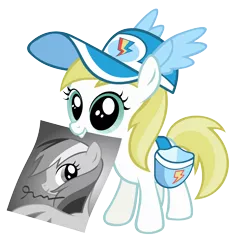 Size: 2500x2667 | Tagged: safe, artist:breadking, derpibooru import, lemon daze, rainbow dash, earth pony, pony, the mysterious mare do well, autograph, cap, cute, female, filly, hat, mouth hold, poster, rainbow dash fanclub, saddle bag, simple background, solo, transparent background, vector