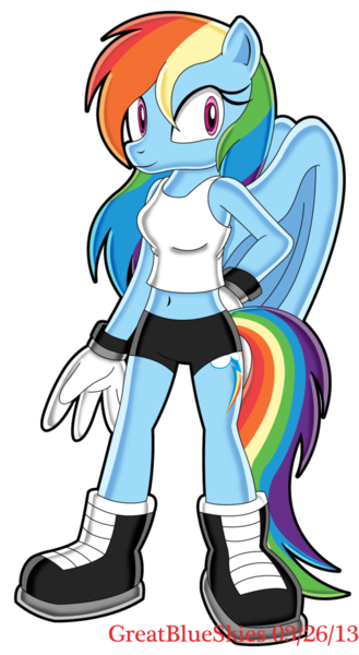 Size: 662x1207 | Tagged: anthro, artist:greatblueskies, clothes, derpibooru import, plantigrade anthro, rainbow dash, safe, simple background, smiling, solo, sonicified, sonic the hedgehog (series), style emulation, transparent background, yuji uekawa style