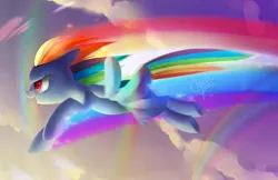 Size: 2499x1617 | Tagged: safe, artist:dawnfire, derpibooru import, rainbow dash, colored pupils, cute, dashabetes, flying, rainbow, solo, trail