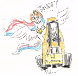 Size: 543x528 | Tagged: artist:brongaar, cowboy, derpibooru import, forklift, hat, howdy, looking at you, princess celestia, safe, solo, spread wings, wat, wild westia