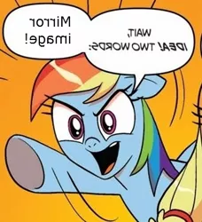 Size: 334x366 | Tagged: derpibooru import, exploitable meme, idw, meme, mirrored, mirrored image, rainbow dash, safe, two words meme