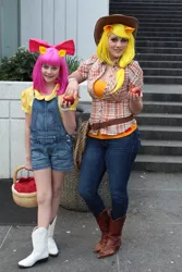 Size: 1280x1920 | Tagged: apple, apple bloom, applejack, artist:canadianjaeger, artist needed, artist:weatherstone, basket, cosplay, derpibooru import, fan expo, human, irl, irl human, obligatory apple, overalls, photo, safe, source needed, target demographic, vancouver fan expo, vancouver fan expo 2013