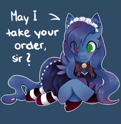 Size: 1280x1309 | Tagged: safe, artist:ask-aki-pony, derpibooru import, oc, unofficial characters only, pegasus, pony, aki, clothes, heterochromia, maid, socks, solo, striped socks