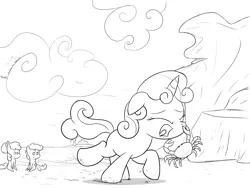 Size: 2400x1800 | Tagged: apple bloom, artist:dtcx97, beach, crab, cutie mark crusaders, lineart, monochrome, nose pinch, pointy ponies, safe, scootaloo, sweetie belle, sweetie fighting a tiny crab