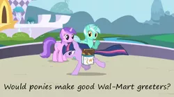 Size: 1013x566 | Tagged: amethyst star, book, derpibooru import, edit, edited screencap, friendship is magic, greeting, greetings, insane pony thread, lyra heartstrings, running, safe, screencap, tumblr, twilight sparkle, walmart, waving