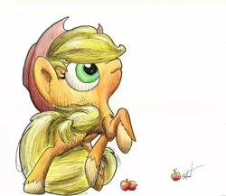 Size: 943x820 | Tagged: safe, artist:getchanoodlewet, derpibooru import, applejack, apple, obligatory apple, raised hoof, simple background, solo, traditional art, unshorn fetlocks