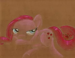 Size: 1040x808 | Tagged: apple, artist:getchanoodlewet, derpibooru import, magical mystery cure, pinkamena diane pie, pinkie pie, prone, safe, solo, swapped cutie marks, traditional art