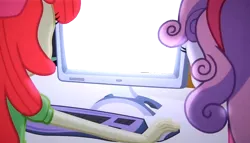 Size: 1256x720 | Tagged: safe, derpibooru import, edit, edited screencap, screencap, apple bloom, sweetie belle, equestria girls, equestria girls (movie), computer, duo, exploitable, female, monitor, the crusaders browse the internet