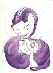 Size: 1024x1408 | Tagged: safe, artist:getchanoodlewet, derpibooru import, rarity, alternate hairstyle, eyes closed, horn jewelry, jewelry, rearing, solo, tail bow, traditional art