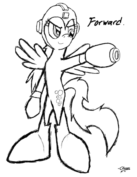 Size: 2550x3300 | Tagged: safe, artist:cresentbladedbrony, derpibooru import, derpy hooves, pegasus, pony, crossover, female, lineart, mare, megaman, megamare, monochrome, newbie artist training grounds, solo