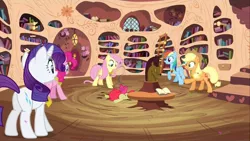 Size: 1280x720 | Tagged: safe, derpibooru import, edit, edited screencap, screencap, apple bloom, applejack, fluttershy, pinkie pie, rainbow dash, rarity, earth pony, pegasus, pony, unicorn, magical mystery cure, bookshelf, death, female, filly, foal, golden oaks library, horsehead centerpiece, library, mare