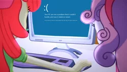 Size: 1256x720 | Tagged: safe, derpibooru import, edit, edited screencap, screencap, apple bloom, sweetie belle, equestria girls, equestria girls (movie), :c, blue screen of death, computer, duo, emoticon, meme, monitor, stop error, the crusaders browse the internet, windows, windows 8