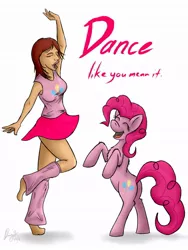 Size: 768x1024 | Tagged: safe, artist:bingodingo, derpibooru import, pinkie pie, human, pony, barefoot, bipedal, chest fluff, clothes, dancing, eyes closed, feet, fluffy, leg warmers, open mouth, rearing, skirt, smiling