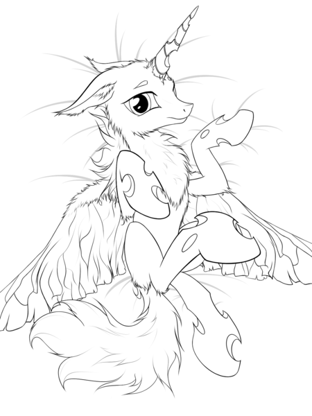 Size: 1200x1600 | Tagged: artist:xn-d, changeling, changeling oc, chest fluff, derpibooru import, lineart, monochrome, moth, mothling, mothpony, nymph, oc, on back, original species, safe, solo, species swap, unofficial characters only
