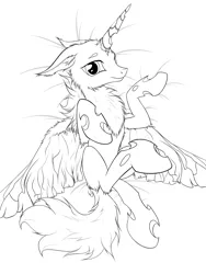 Size: 1200x1600 | Tagged: artist:xn-d, changeling, changeling oc, chest fluff, derpibooru import, lineart, monochrome, moth, mothling, mothpony, nymph, oc, on back, original species, safe, solo, species swap, unofficial characters only