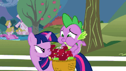 Size: 960x540 | Tagged: safe, derpibooru import, screencap, spike, twilight sparkle, dragon, pony, unicorn, the ticket master, animated, apple, apple tree, burp, claws, displeased, dragon mail, dragonfire, dragons riding ponies, eating, female, fire, food, glare, green fire, male, mare, riding, shrug, sin of gluttony, slit eyes, tree, twilight is not amused, unamused, unicorn twilight