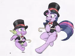 Size: 1213x917 | Tagged: safe, artist:joey darkmeat, artist:longren, color edit, derpibooru import, edit, spike, twilight sparkle, pony, bipedal, cane, clothes, colored, dancing, hat, top hat, tuxedo