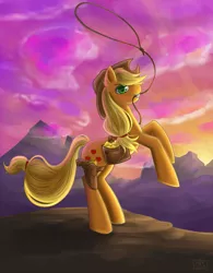 Size: 937x1200 | Tagged: applejack, artist:nefyfeiri, derpibooru import, gold, gun, gun holster, lasso, mountain, mountain range, mouth hold, pink sky, rearing, rope, saddle bag, safe, solo, weapon