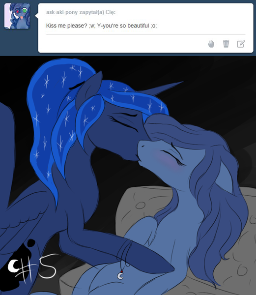 Size: 815x939 | Tagged: safe, artist:neverwhispered, derpibooru import, princess luna, oc, aki, blushing, canon x oc, female, kissing, lesbian, shipping, tumblr