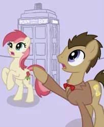 Size: 735x900 | Tagged: safe, artist:arrkhal, derpibooru import, doctor whooves, roseluck, time turner, crossover, doctor who, doctorrose, female, male, pointing, shipping, straight, tardis