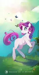Size: 1572x3000 | Tagged: safe, artist:antiander, derpibooru import, sweetie belle, butterfly, pony, unicorn, blank flank, cloud, colored hooves, crepuscular rays, female, filly, grass, looking up, outdoors, solo