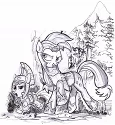 Size: 981x1068 | Tagged: safe, artist:jowybean, derpibooru import, apple bloom, applejack, armor, monochrome, open mouth, smug, wood