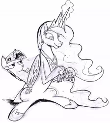 Size: 1002x1118 | Tagged: safe, artist:jowybean, derpibooru import, applejack, princess celestia, rainbow dash, twilight sparkle, appledash, female, lesbian, monochrome, now kiss, shipper on deck, shipping