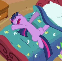 Size: 479x469 | Tagged: safe, artist:mezkalito4p, derpibooru import, screencap, spike, twilight sparkle, dragon, pony, unicorn, lesson zero, adorable distress, animated, bed, cute, eyes closed, female, flailing, gif, male, mare, offscreen character, on back, open mouth, solo, twiabetes, twilighting, unicorn twilight