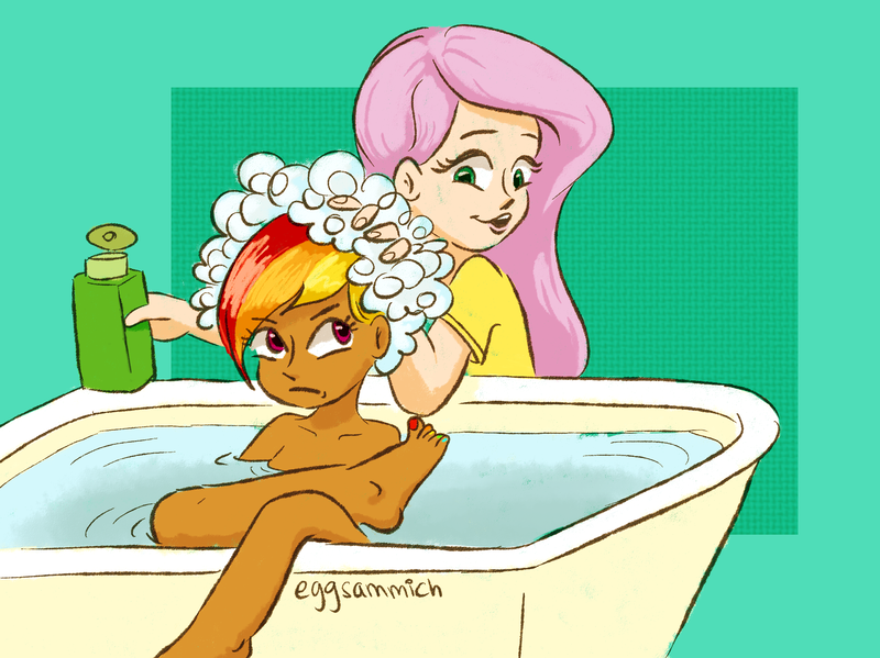 Size: 2714x2032 | Tagged: safe, artist:eggsammich, derpibooru import, fluttershy, rainbow dash, bath, bathing, bubble bath, female, flutterdash, foam, humanized, lesbian, shampoo, shipping, suds, washing, washing hair