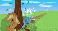 Size: 900x480 | Tagged: safe, artist:crackernut, derpibooru import, applejack, rainbow dash, earth pony, pegasus, pony, crash, crash landing, dirt, drawing, duo, female, mare, rainbow crash, tree