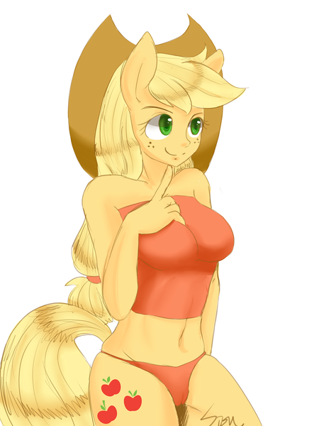 Size: 1280x1707 | Tagged: anthro, applejack, artist:sion, belly button, breasts, cameltoe, clothes, derpibooru import, female, human facial structure, panties, questionable, simple background, solo, solo female, underwear