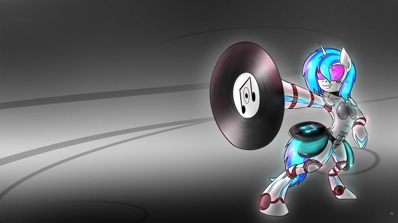 Size: 3840x2160 | Tagged: safe, artist:northernsprint, derpibooru import, vinyl scratch, anthro, robot, unicorn, action pose, armpits, bipedal, breasts, cutie mark, female, foreshortening, high res, hoof hands, machine, record, simple background, solo, wallpaper