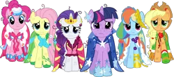 Size: 3890x1724 | Tagged: safe, artist:tourniquetmuffin, derpibooru import, applejack, fluttershy, pinkie pie, rainbow dash, rarity, twilight sparkle, earth pony, pegasus, pony, unicorn, the best night ever, clothes, clothing damage, dress, gala dress, mane six, messy mane, sad, scratches, simple background, transparent background, unhapplejack, vector