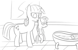 Size: 711x455 | Tagged: artist:tggeko, bath, derpibooru import, filly, filly twilight sparkle, forced bathing, monochrome, mother and daughter, mothers gonna mother, safe, twilight is not amused, twilight sparkle, twilight velvet