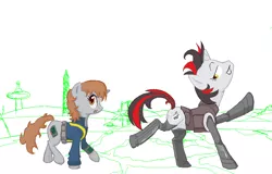 Size: 985x631 | Tagged: safe, artist:pashoo, deleted from derpibooru, derpibooru import, oc, oc:blackjack, oc:littlepip, unofficial characters only, cyborg, pony, unicorn, fallout equestria, fallout equestria: project horizons, fanfic, clothes, fanfic art, female, horn, mare, pipbuck, vault suit