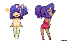 Size: 593x372 | Tagged: animated, artist:doxy, blushing, clothes, dark skin, derpibooru import, duo, eyes closed, eyeshadow, high heels, horned humanization, human, humanized, looking at you, looking back, looking back at you, makeup, open mouth, pixel art, rarity, safe, shoes, simple background, twilight sparkle, white background