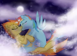 Size: 700x512 | Tagged: safe, artist:cat4lyst, artist:coyoterainbow, derpibooru import, rainbow dash, spitfire, pegasus, pony, blushing, duo, female, kissing, lesbian, mare, moon, night, shipping, spitdash