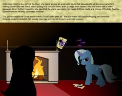 Size: 1006x794 | Tagged: safe, artist:fatponysketches, author:aharon l'anglais, derpibooru import, part of a set, octavia melody, trixie, twilight sparkle, twilight sparkle (alicorn), alicorn, pony, dartboard of hate, fireplace, meurtrier manor, part of a series