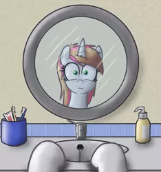 Size: 825x882 | Tagged: safe, artist:paper-pony, derpibooru import, oc, oc:rosy stripes, unofficial characters only, pony, unicorn, fanfic, fanfic:first pony view, fanfic art, faucet, female, hooves on the table, looking at you, mare, mirror, pov, rule 63, sink, soap, solo, toothbrush, toothpaste, transformation, transgender transformation, worried