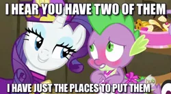 Size: 600x332 | Tagged: suggestive, derpibooru import, edit, edited screencap, screencap, rarity, spike, dragon, pony, unicorn, dragon quest, apron, bedroom eyes, blushing, caption, clothes, dress, female, food, hub logo, image macro, implied double penetration, implied sex, innuendo, male, mare, meme, naked apron, rarity's bad pickup lines, shipping, sparity, straight, text