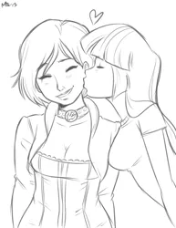 Size: 1011x1309 | Tagged: artist:megasweet, bioshock infinite, derpibooru import, elizabeth, female, humanized, kissing, lesbian, miyuki sawashiro, monochrome, safe, twilight sparkle, voice actor joke