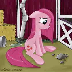 Size: 2000x2000 | Tagged: artist:stein-more, barn, derpibooru import, pinkamena diane pie, pinkie pie, rock, sad, safe, sitting, solo, swapped cutie marks