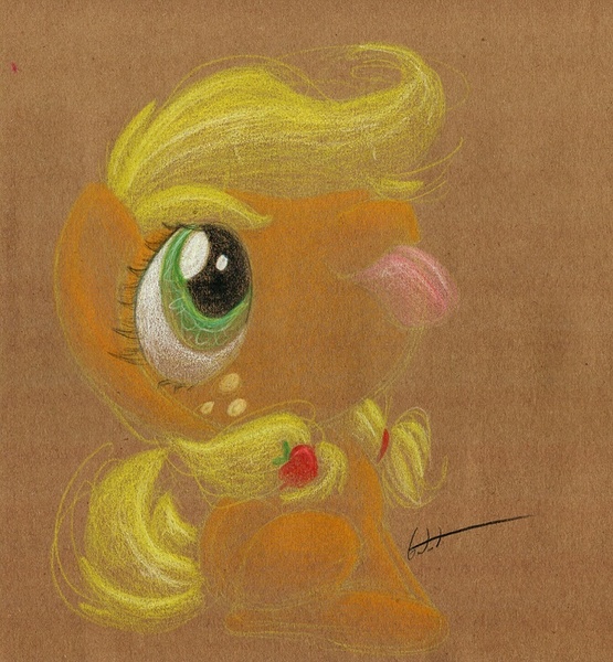 Size: 759x820 | Tagged: safe, artist:getchanoodlewet, derpibooru import, applejack, filly, solo, traditional art